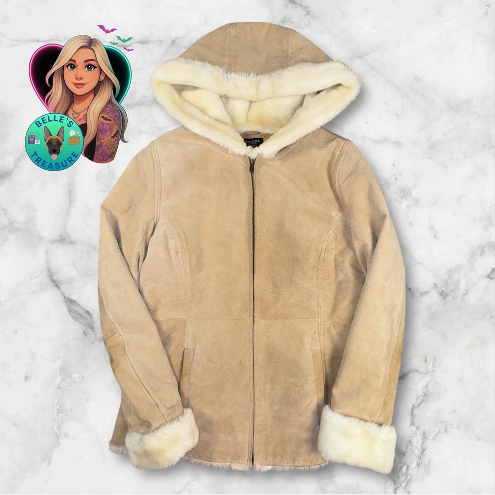 SONOMA‎ Women's Medium Suede Faux Fur Lined Hooded Jacket Phoebe Friends Y2K